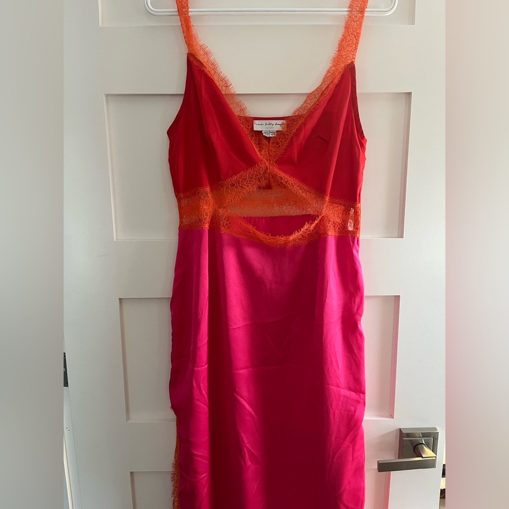Never Fully Dressed Pink and Orange Satin Midi Dress